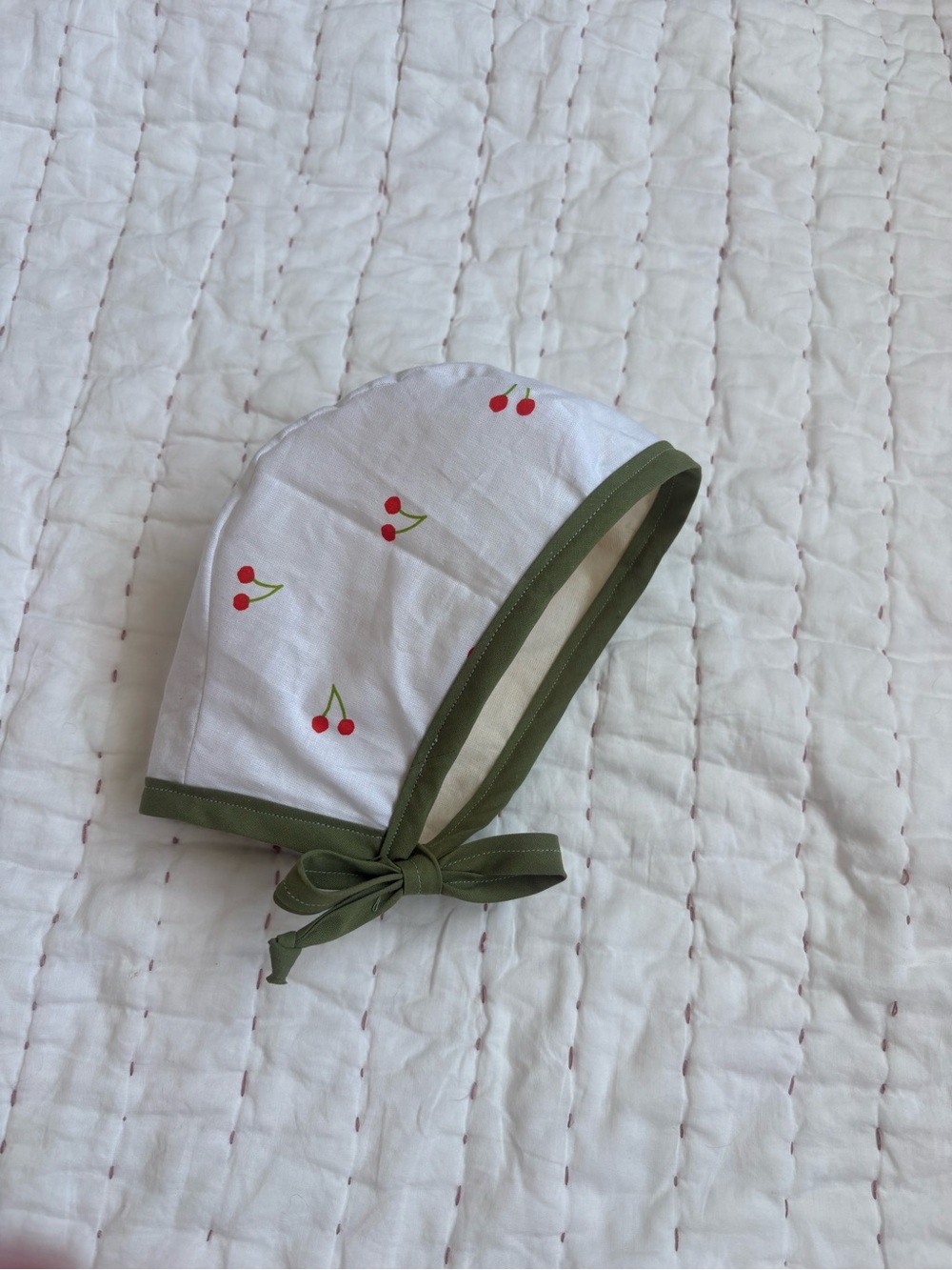 Kids Cherry Print Bonnet with Olive Trim